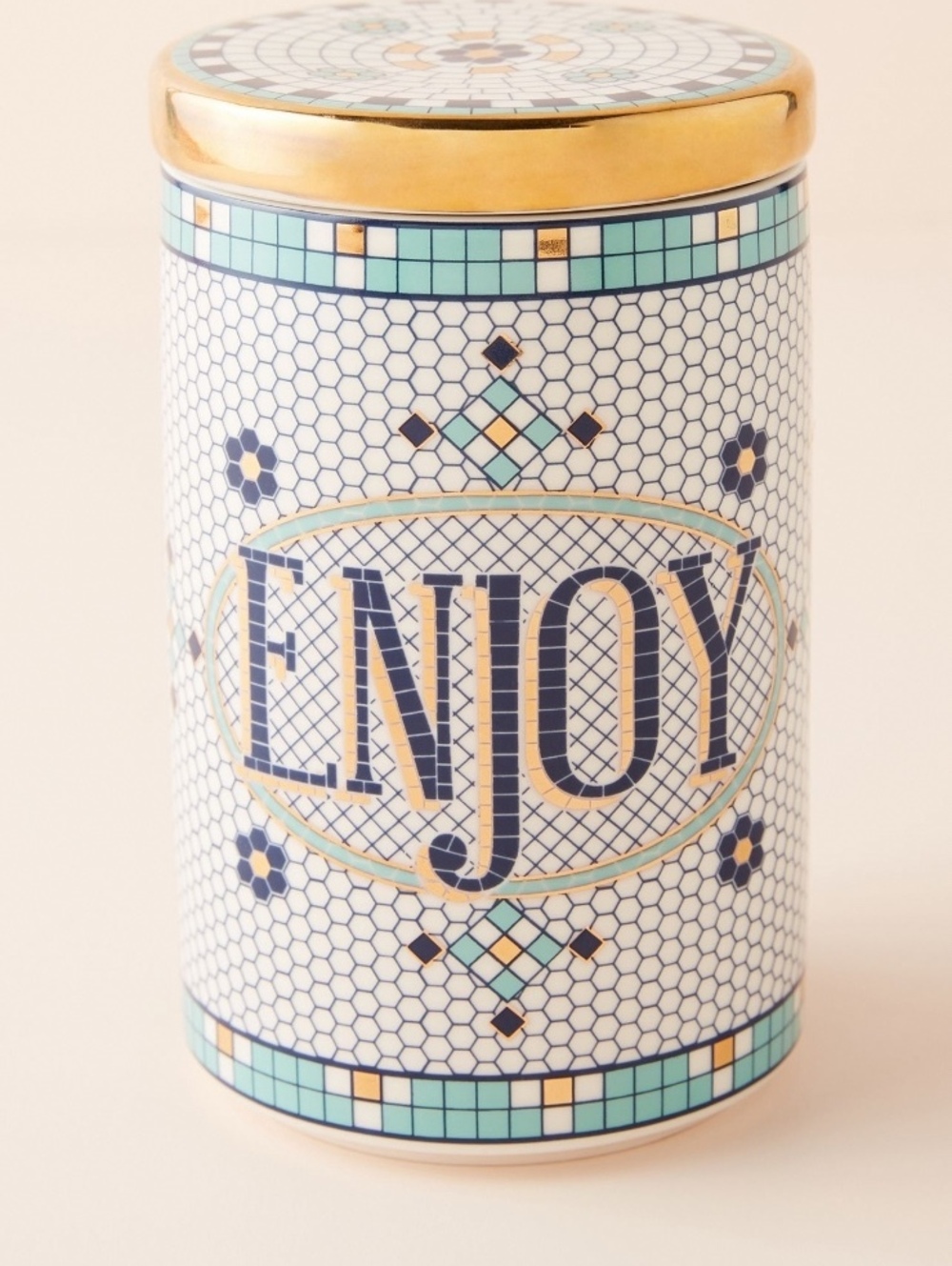 Anthropologie Bistro Tile Stoneware Garden Canister 24k Gold Accent